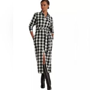 Polo Ralph Lauren Black Buffalo Plaid Button Front Shirt Dress Belt sz 12 $195